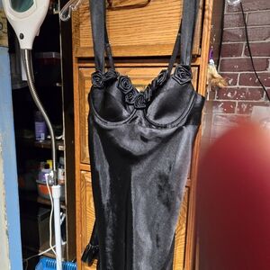 Frederick's of Hollywood Black Satin Chemise w/Matching Robe